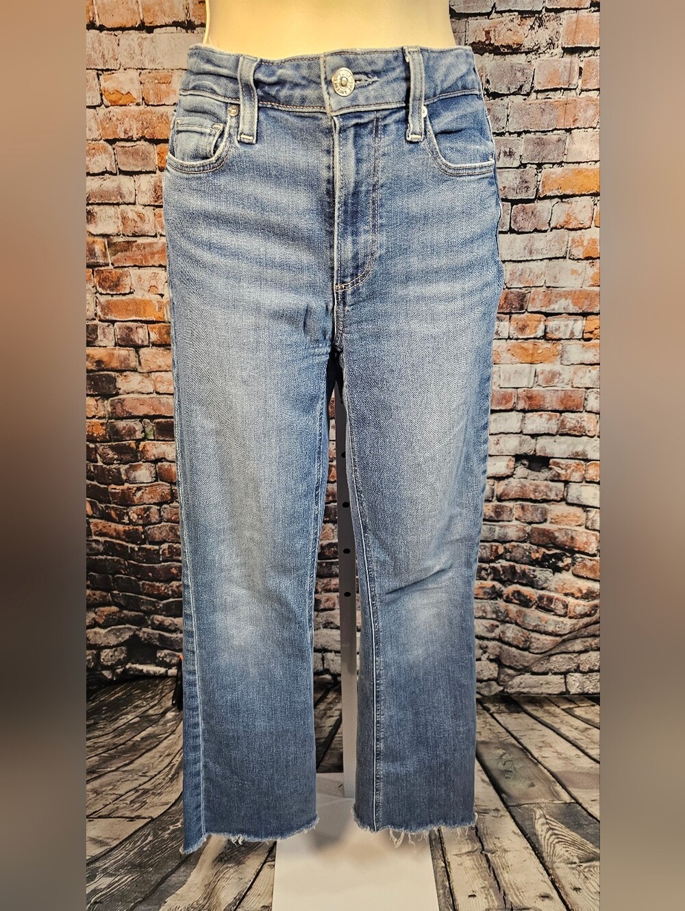 PAIGE High Rise Manhattan Straight Leg Jeans Raw Hem Light Wash Women's 27